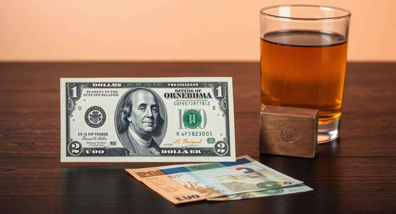 US dollar and Euro banknotes with a glass of crude oil, representing currency and oil market moves.
