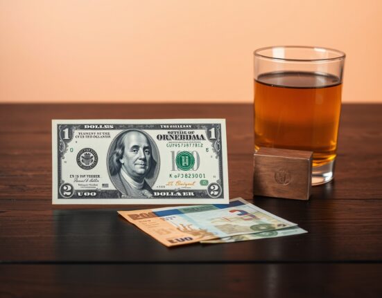 US dollar and Euro banknotes with a glass of crude oil, representing currency and oil market moves.