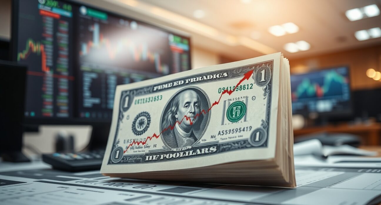 US dollar bill on a financial news desk with an upward trending chart, representing currency market strength.