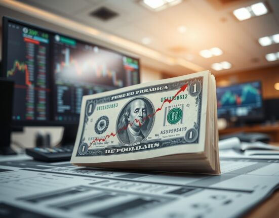 US dollar bill on a financial news desk with an upward trending chart, representing currency market strength.