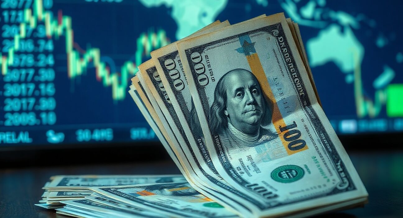 Close-up of US dollar banknotes on a desk with a financial market background