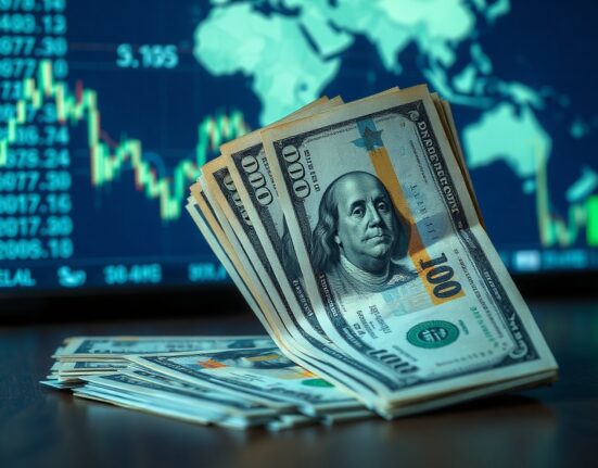 Close-up of US dollar banknotes on a desk with a financial market background