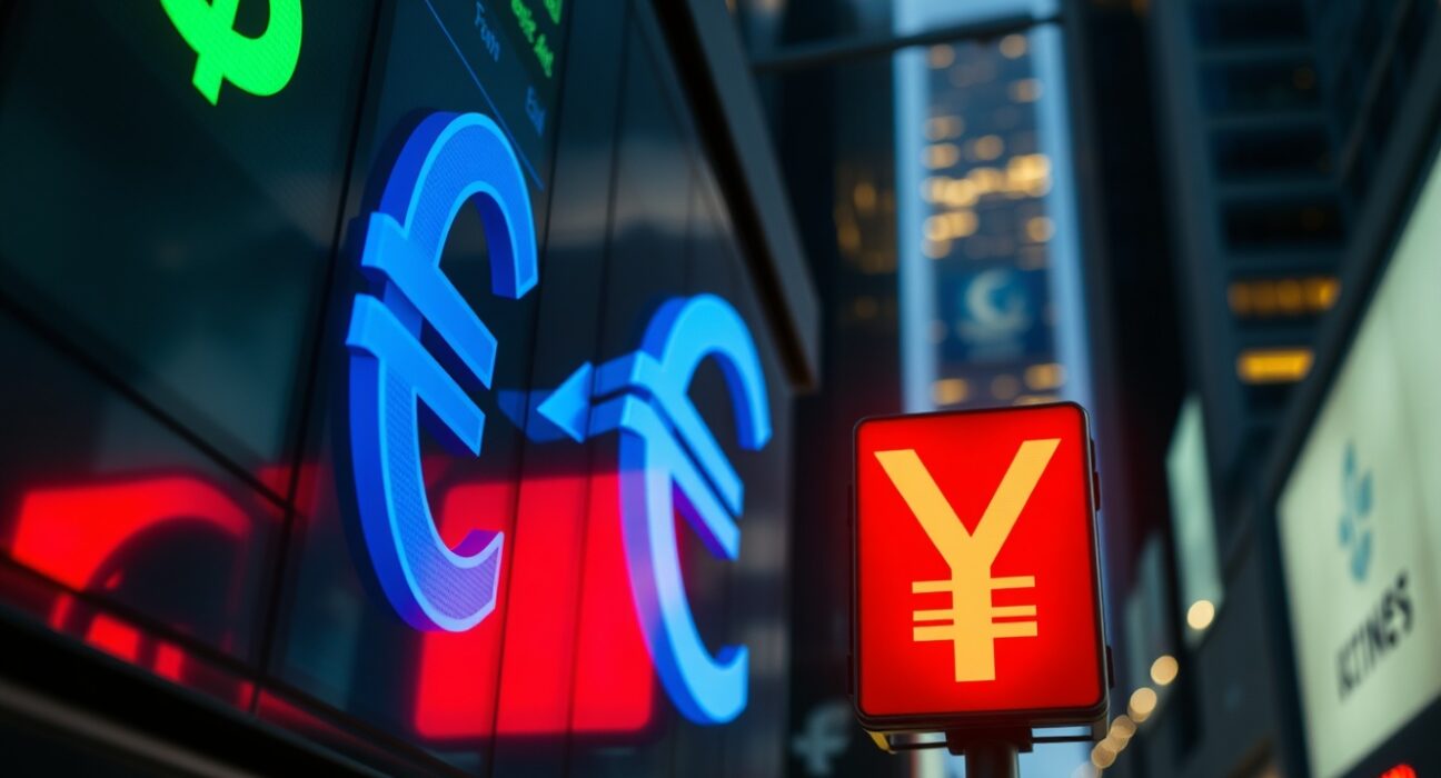 Currency exchange board showing dollar, euro, and yen symbols in a financial district at dusk
