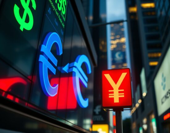 Currency exchange board showing dollar, euro, and yen symbols in a financial district at dusk