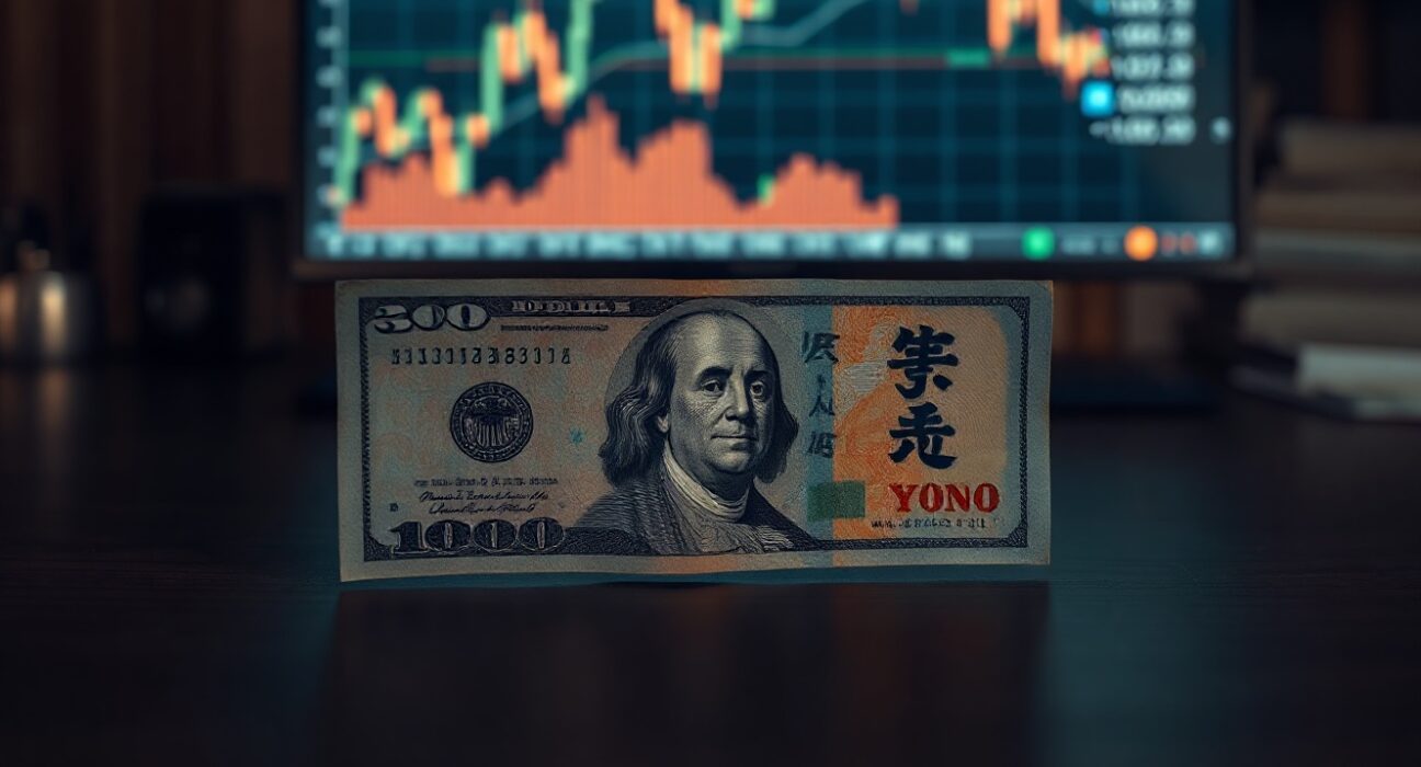 US dollar and Japanese yen banknotes on a desk with financial charts in background, representing forex market dynamics.