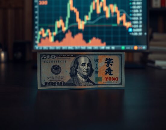 US dollar and Japanese yen banknotes on a desk with financial charts in background, representing forex market dynamics.