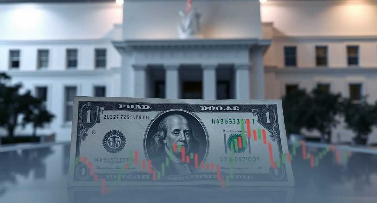 US dollar bills with Federal Reserve building in background, symbolizing monetary policy uncertainty.
