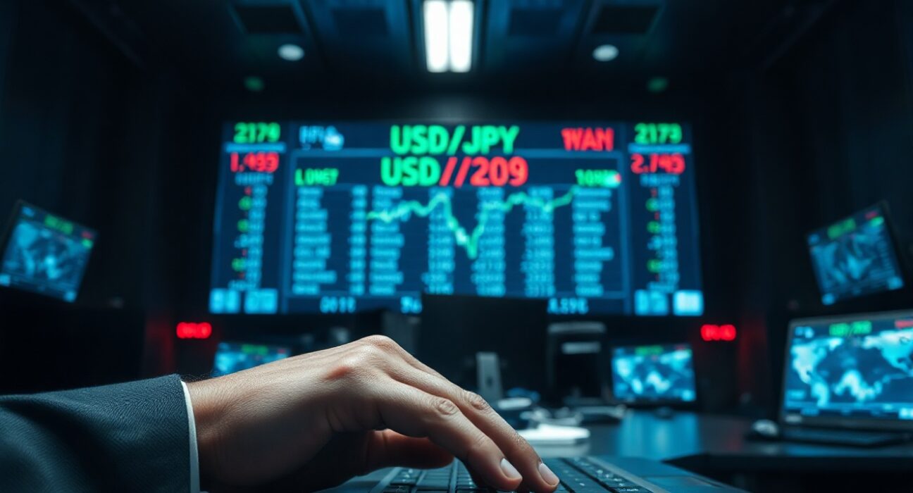 Trader's hand on keyboard in front of a digital currency exchange rate board showing USD/JPY in a dimly lit trading floor.