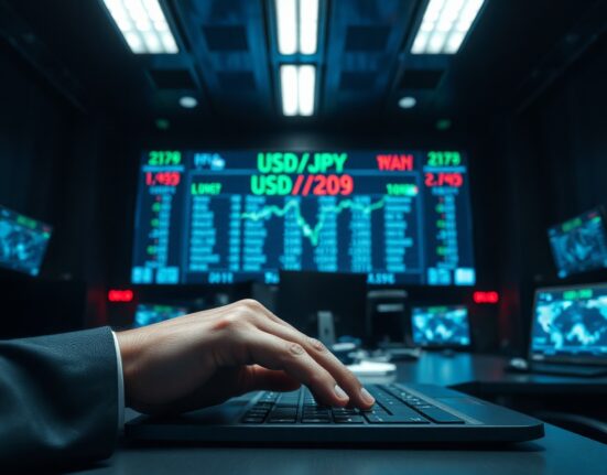 Trader's hand on keyboard in front of a digital currency exchange rate board showing USD/JPY in a dimly lit trading floor.