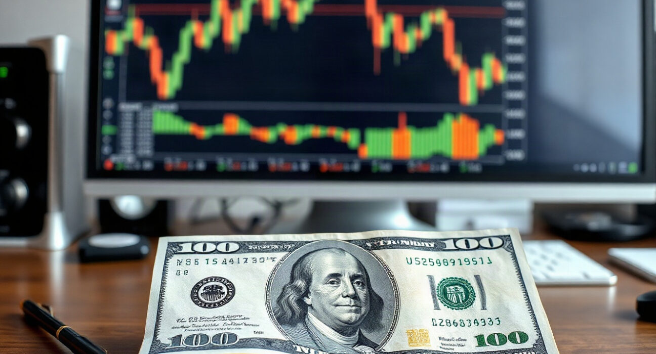 US dollar and Treasury bond on desk with financial charts on screen