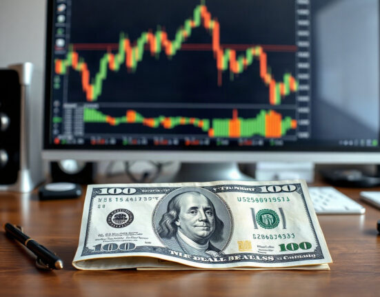 US dollar and Treasury bond on desk with financial charts on screen