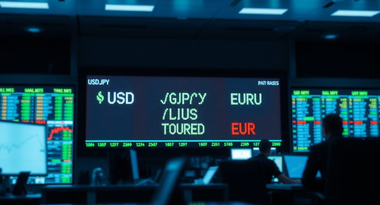 Foreign exchange trading board showing dollar, sterling, and yen rates with mixed signals