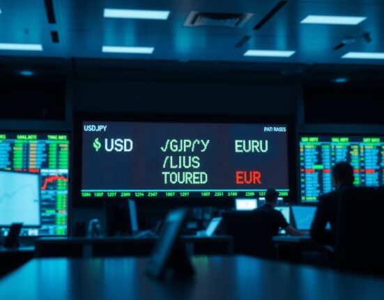 Foreign exchange trading board showing dollar, sterling, and yen rates with mixed signals