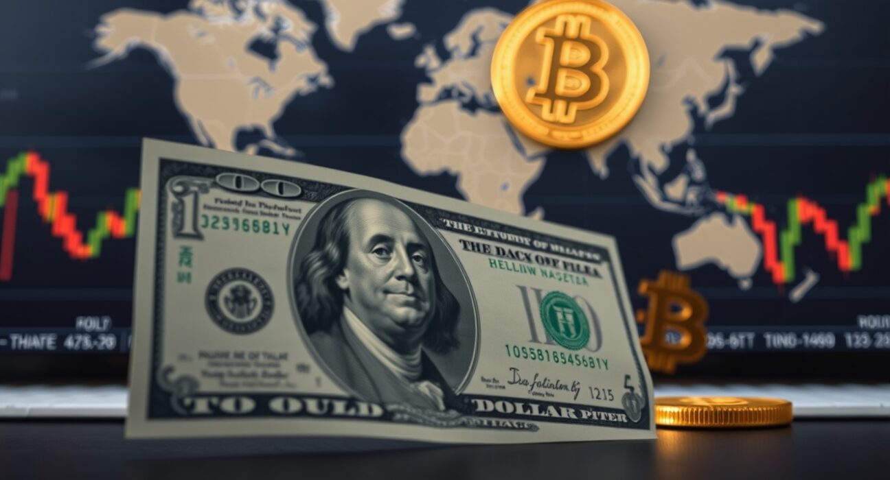 US dollar banknote in focus with gold and Bitcoin symbols in background representing market impact.