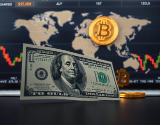 US dollar banknote in focus with gold and Bitcoin symbols in background representing market impact.