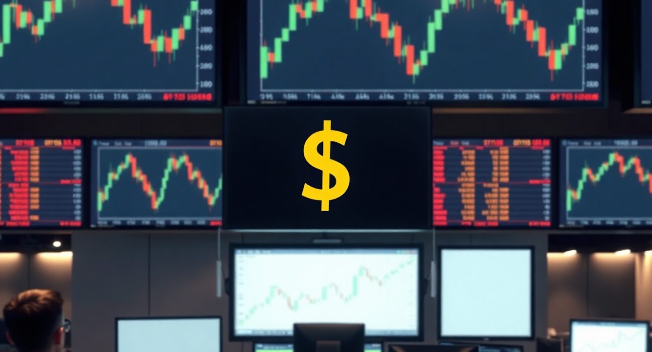 Trading screens showing charts and US dollar symbol in a financial trading room