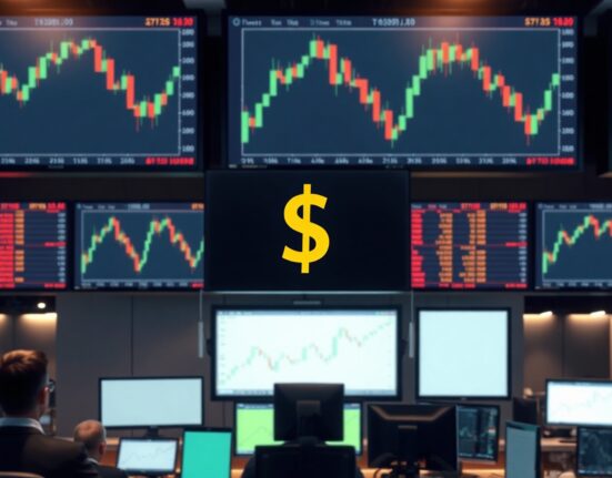 Trading screens showing charts and US dollar symbol in a financial trading room