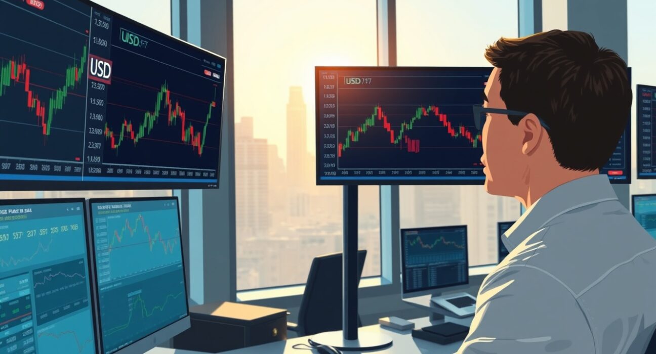 Trader analyzes US dollar rebound on forex charts amid Iran geopolitical uncertainty.