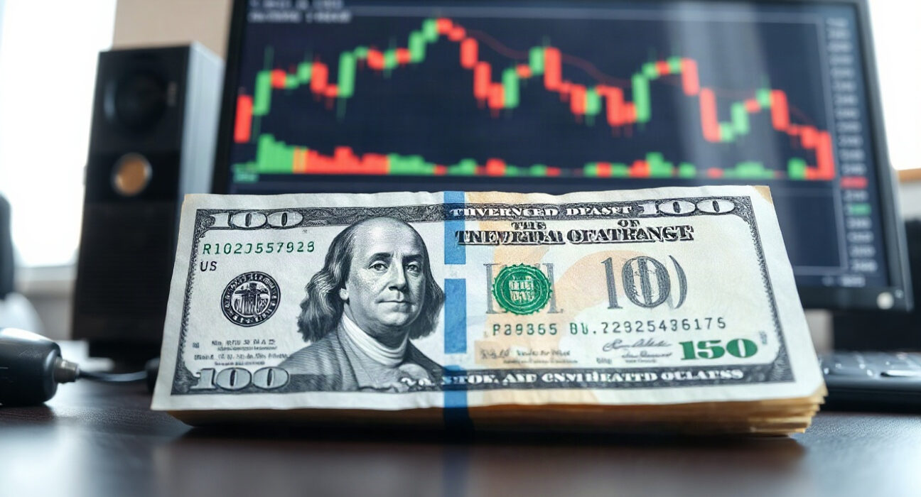 US dollar and Treasury bond on a desk with a chart in the background