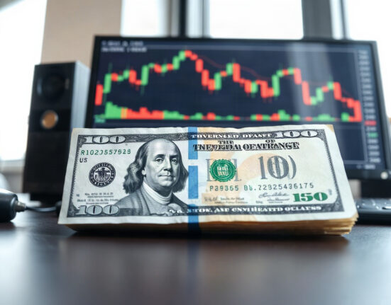 US dollar and Treasury bond on a desk with a chart in the background