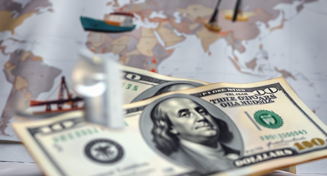 US dollar banknotes with a map and shipping imagery in the background, symbolizing currency markets and geopolitical risk.