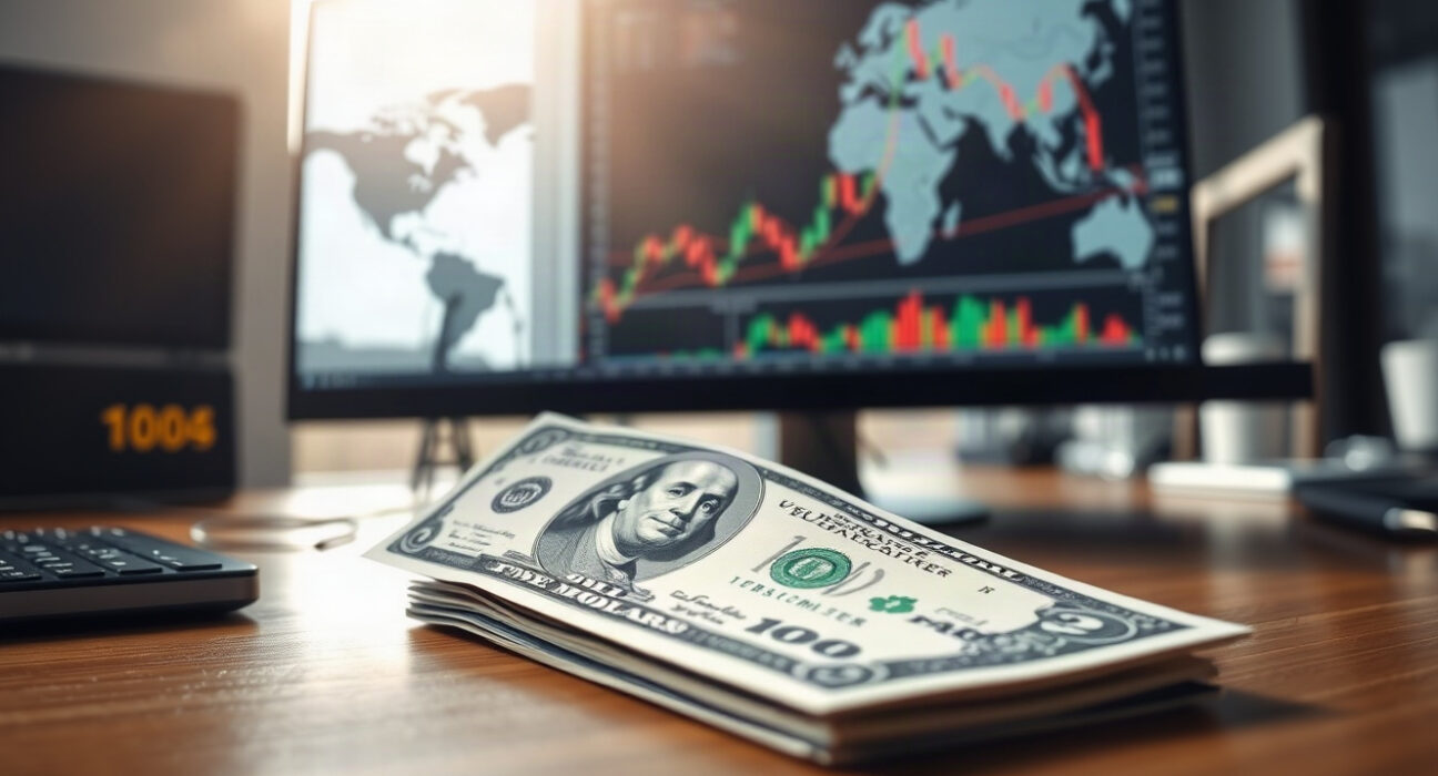 US dollar banknote with financial charts on a trading desk, reflecting market focus on Iran sanctions and Treasury yields.