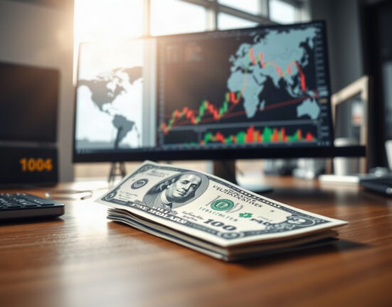 US dollar banknote with financial charts on a trading desk, reflecting market focus on Iran sanctions and Treasury yields.