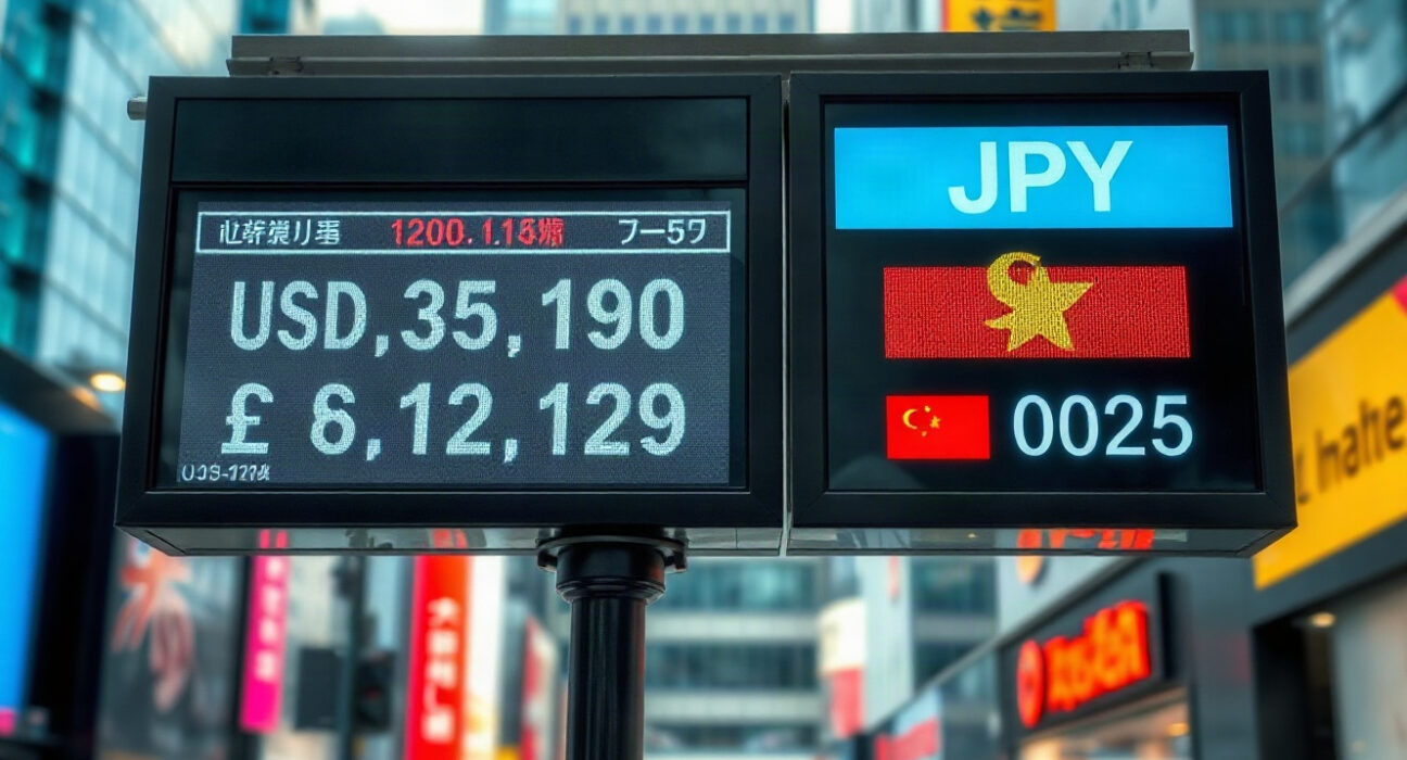 Currency exchange board showing USD and JPY rates in a financial district