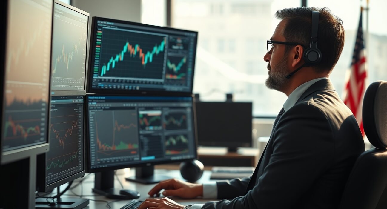 Financial analyst studying currency and economic data on monitors in a modern office