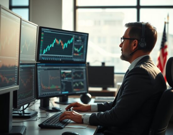 Financial analyst studying currency and economic data on monitors in a modern office
