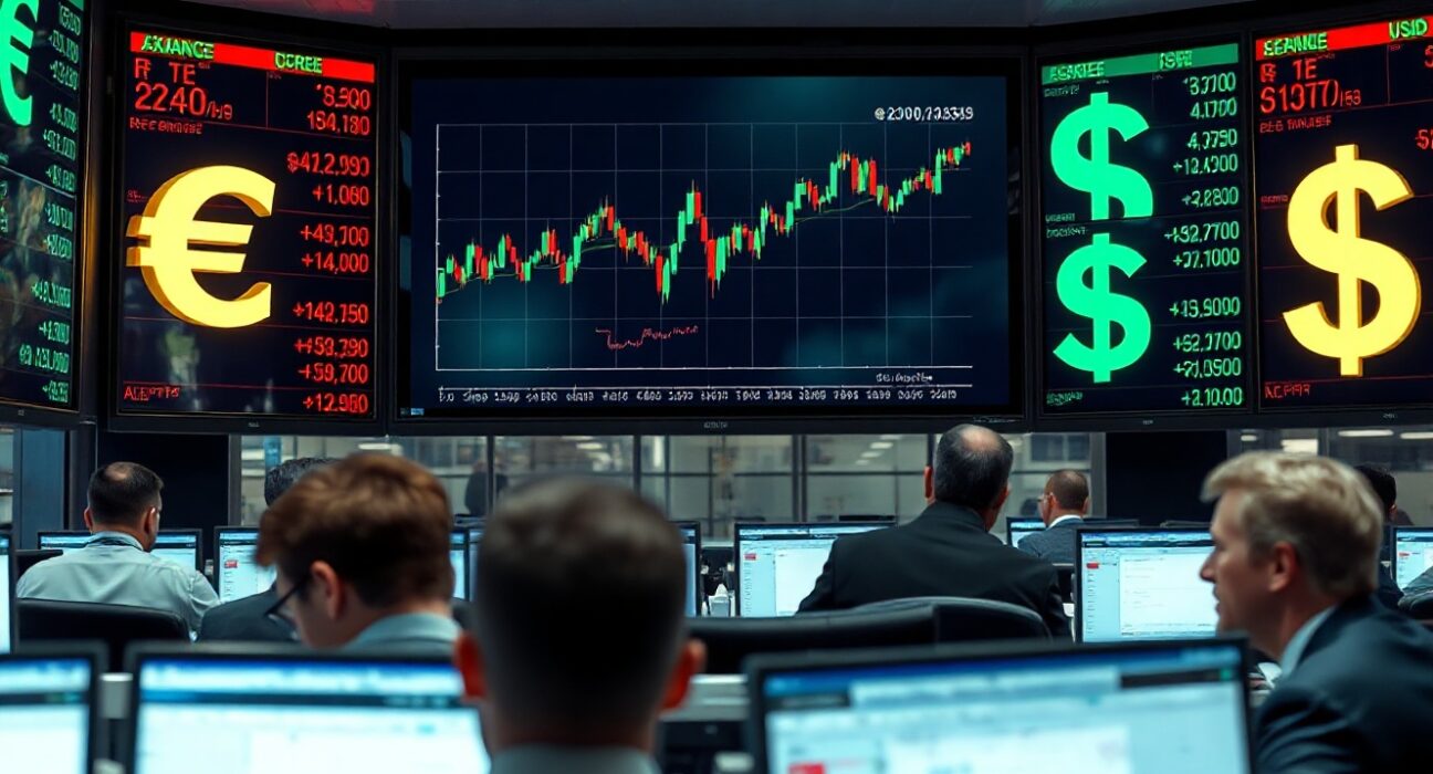 Traders on a forex floor watching screens as the euro strengthens against the US dollar amid geopolitical developments.