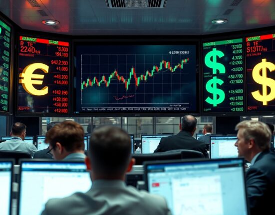 Traders on a forex floor watching screens as the euro strengthens against the US dollar amid geopolitical developments.