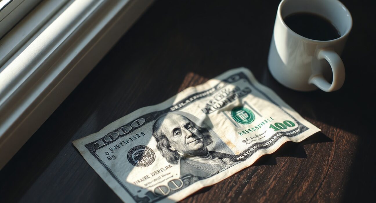 US dollar banknote on wooden table with coffee cup, representing currency market awaiting CPI data