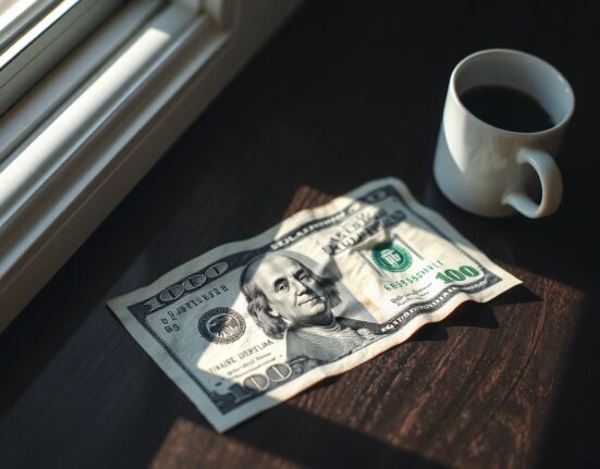 US dollar banknote on wooden table with coffee cup, representing currency market awaiting CPI data
