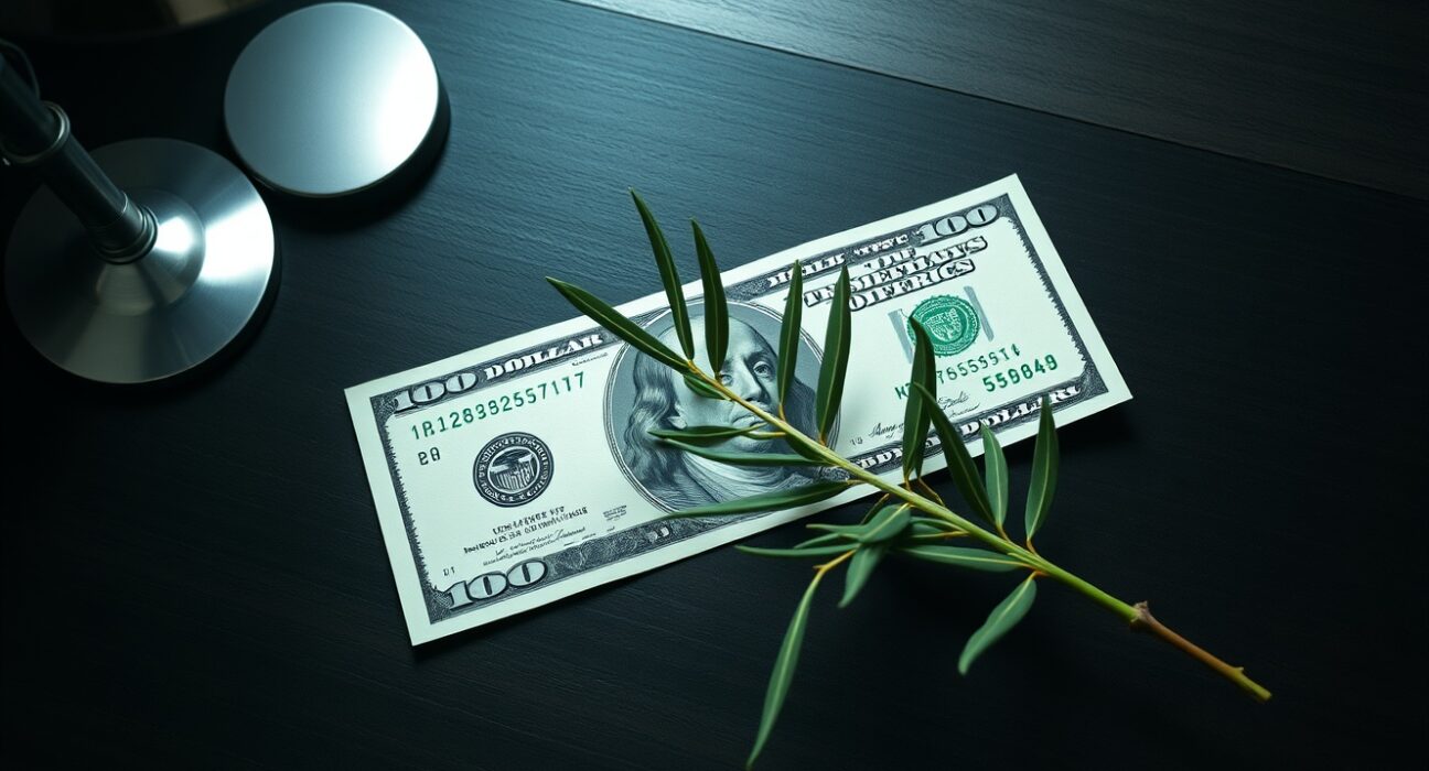 US dollar bill with olive branch on desk, representing peace deal impact on currency