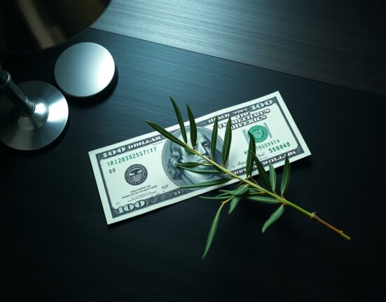 US dollar bill with olive branch on desk, representing peace deal impact on currency