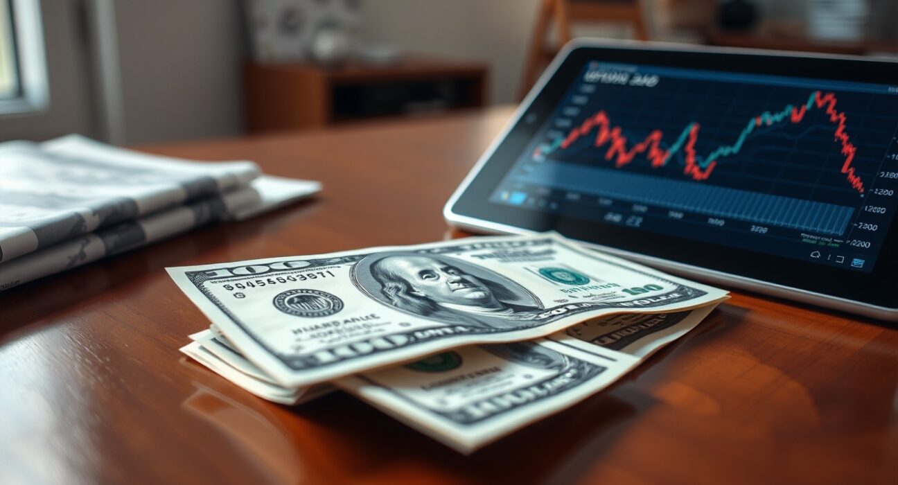 US dollar bill on a desk next to a financial chart showing a downward trend, representing currency market reaction to inflation data.