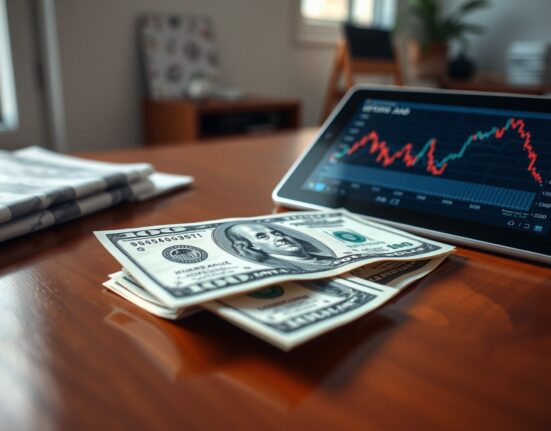 US dollar bill on a desk next to a financial chart showing a downward trend, representing currency market reaction to inflation data.