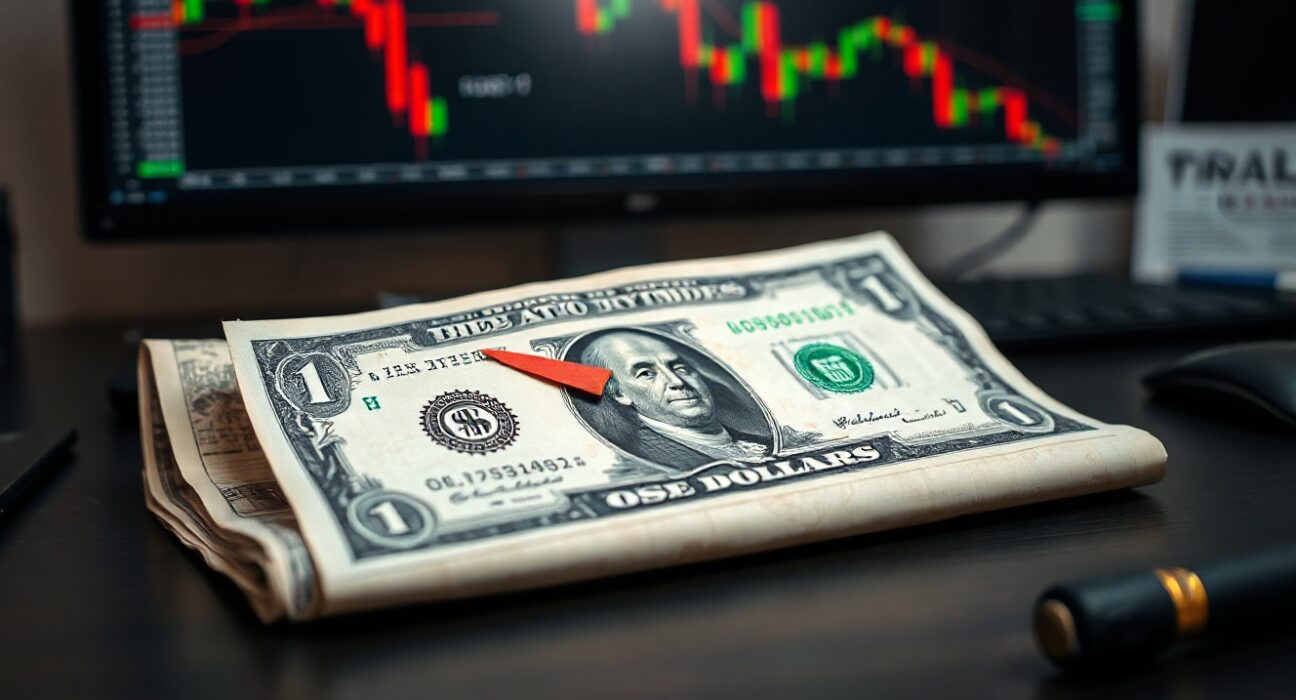 US dollar banknote and declining chart on a desk, representing currency market reaction to dovish Fed minutes