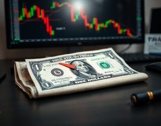 US dollar banknote and declining chart on a desk, representing currency market reaction to dovish Fed minutes