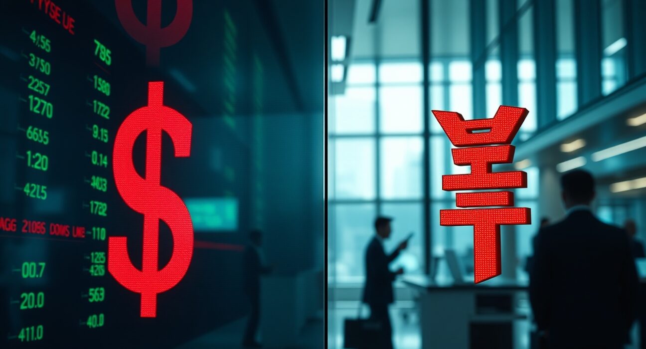 Digital currency exchange board showing US dollar and Japanese yen rates in a modern trading floor