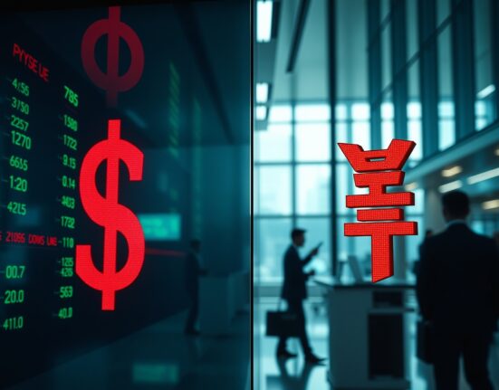 Digital currency exchange board showing US dollar and Japanese yen rates in a modern trading floor