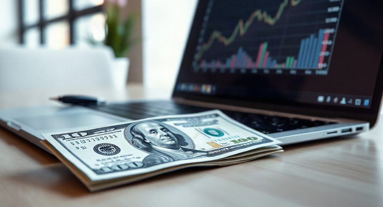 US dollar banknote and financial chart on desk, representing currency market reaction to economic data