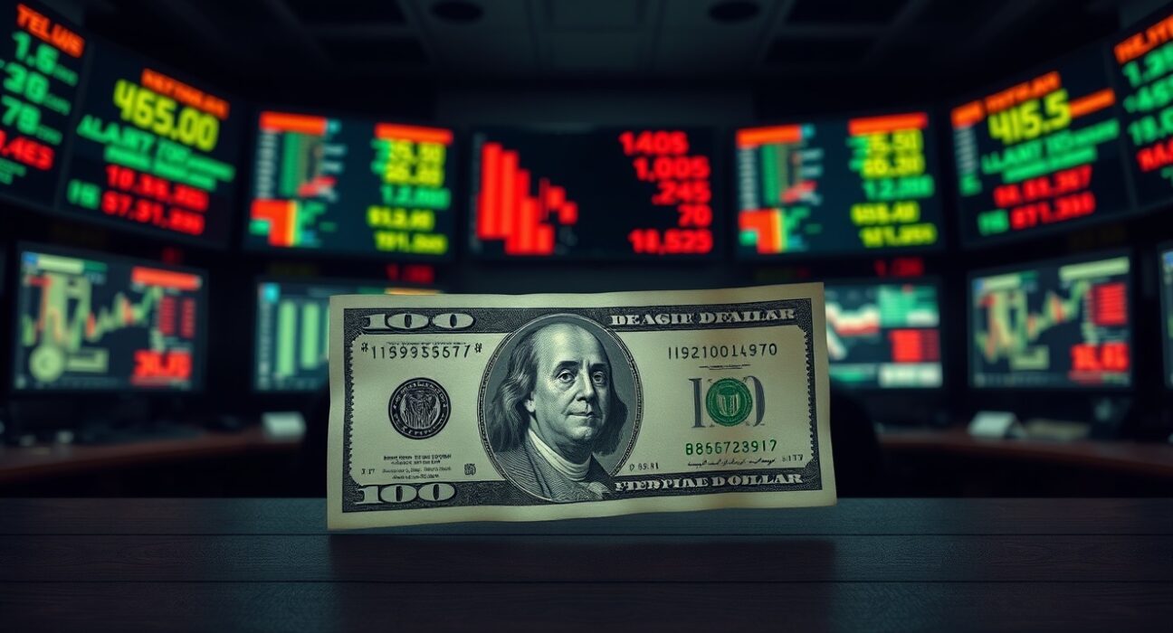 Dollar rises as U.S.-Iran deadlock increases safe haven demand, illustrated by banknote and flag on trading desk.