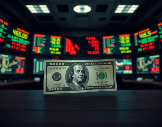 Dollar rises as U.S.-Iran deadlock increases safe haven demand, illustrated by banknote and flag on trading desk.