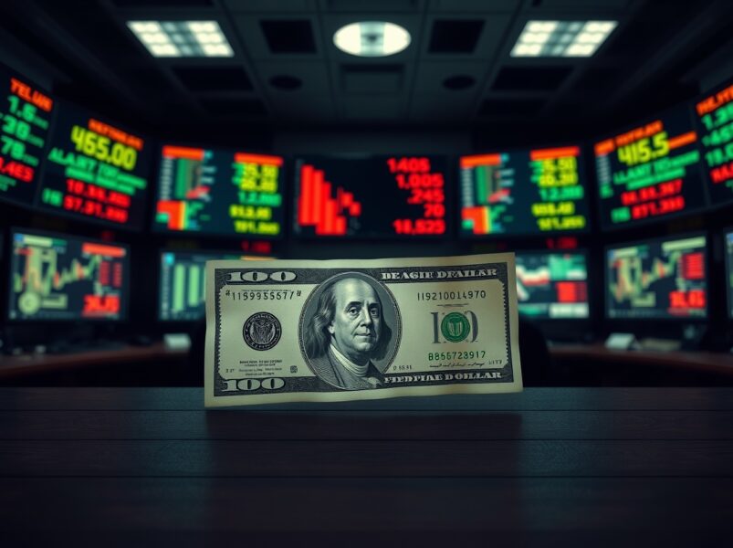 Dollar rises as U.S.-Iran deadlock increases safe haven demand, illustrated by banknote and flag on trading desk.