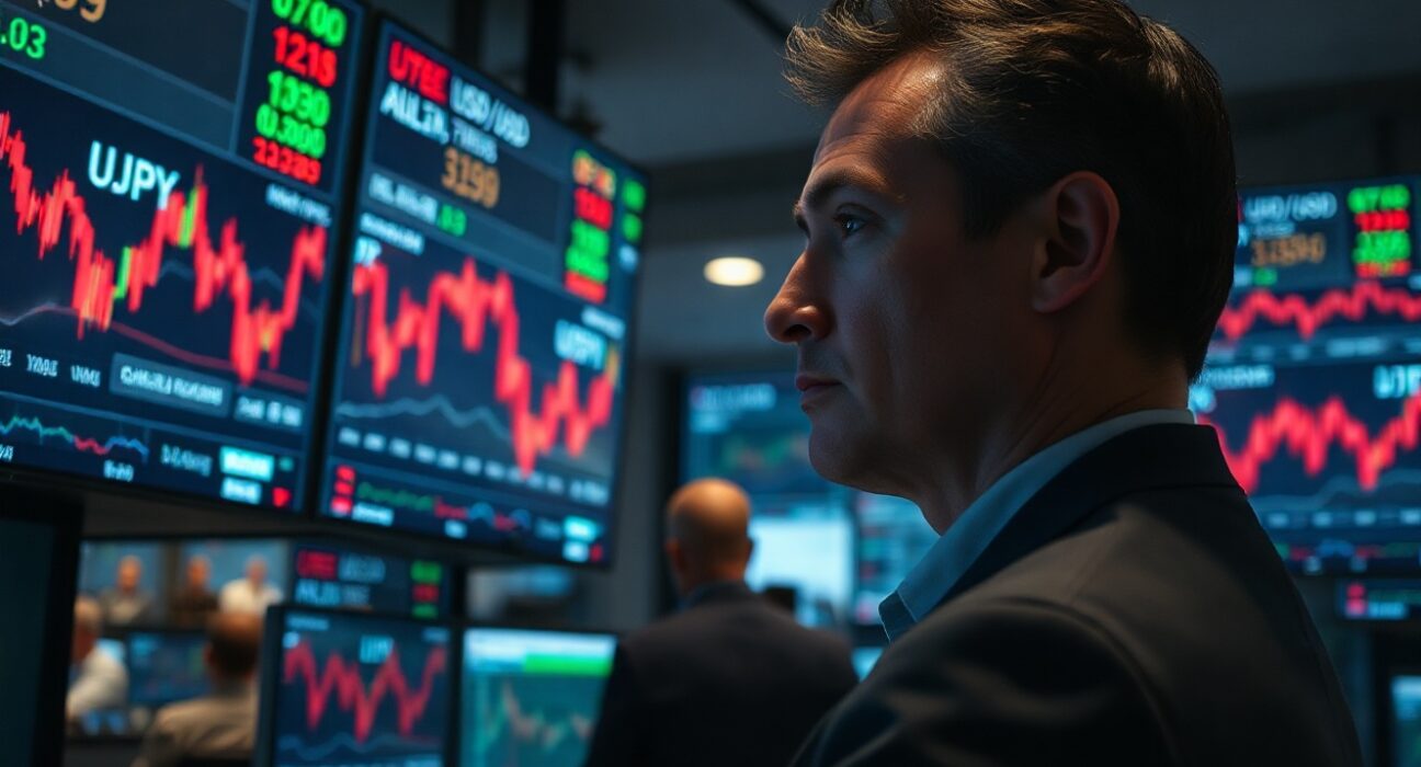 Currency trader monitoring forex charts as dollar strengthens amid geopolitical tensions