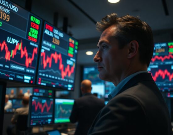 Currency trader monitoring forex charts as dollar strengthens amid geopolitical tensions