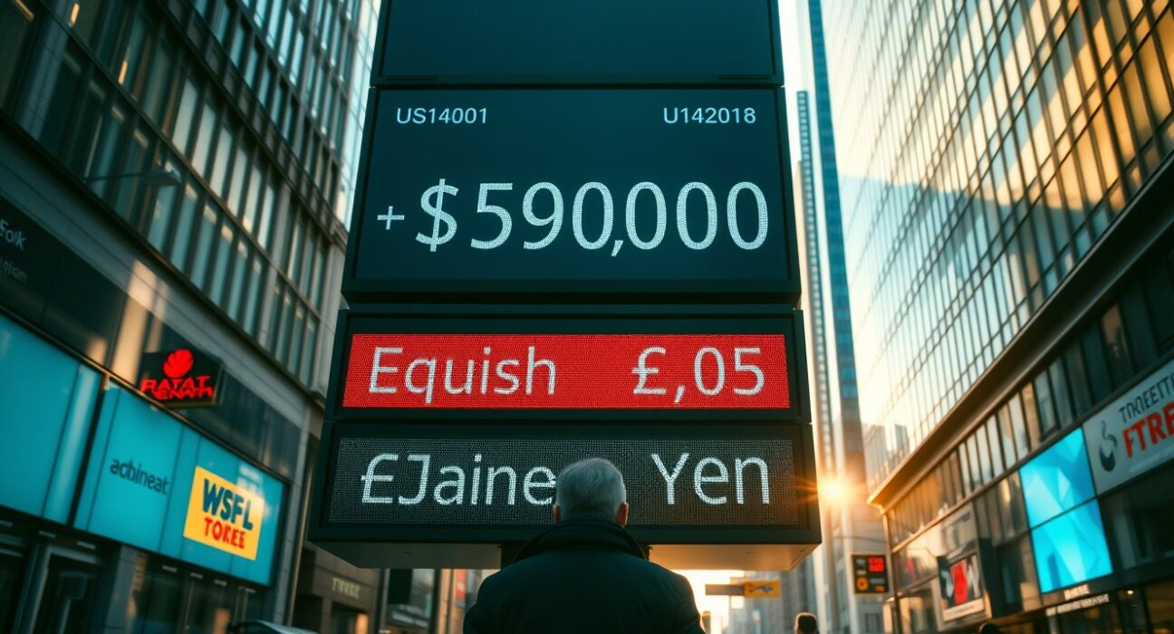 Currency exchange board showing dollar index up, pound and yen down in a financial district.