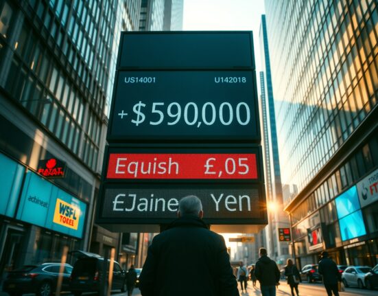 Currency exchange board showing dollar index up, pound and yen down in a financial district.